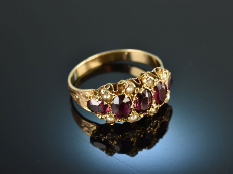 Um 1820! Charmanter historischer Ring Granate Saatperlen Gold 333