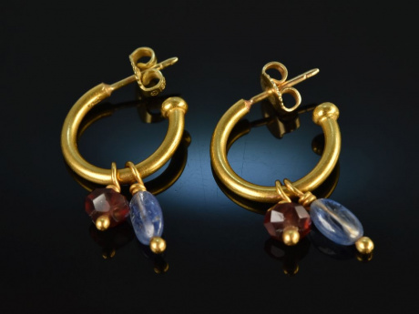 Handarbeit! Schöne Vintage Ohrringe Creolen Saphire Granate Gold 750