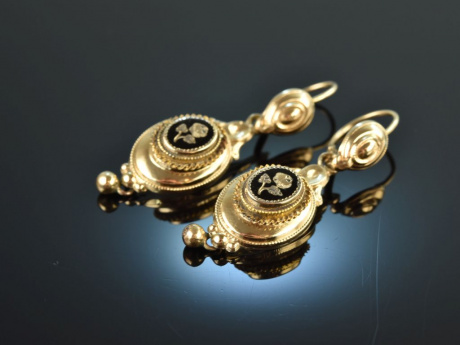 Um 1870! H&uuml;bsche Biedermeier Ohrringe mit Emaildekor Gold 585