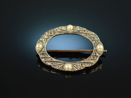 Um 1910! Zarte Art Deco Brosche Saatperlen Diamant Rosen Gold 750