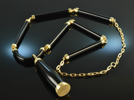 Around 1980! Exceptional long necklace with onyx and gold 585