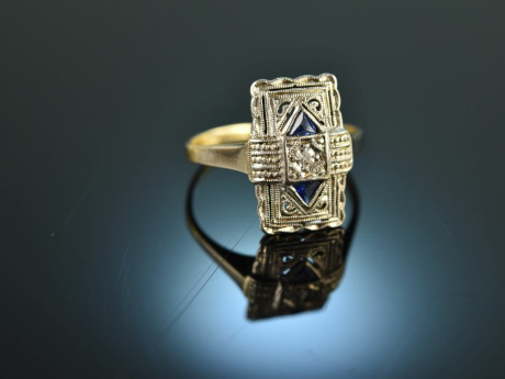 Um 1915! H&uuml;bscher Art Deco Diamant Ring mit Saphiren  Gold 585