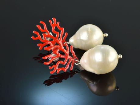 Coral Reef! Chic earrings baroque cultured pearls drops red enamel silver 925