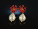 Coral Reef! Chic earrings baroque cultured pearls drops red enamel silver 925