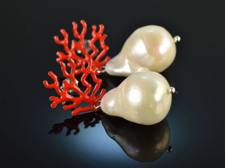 Coral Reef! Chic earrings baroque cultured pearls drops red enamel silver 925