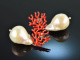 Coral Reef! Chic earrings baroque cultured pearls drops red enamel silver 925