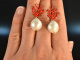 Korallen Riff! Schicke Ohrringe barocke Zuchtperlen Tropfen rotes Emaille Silber vergoldet