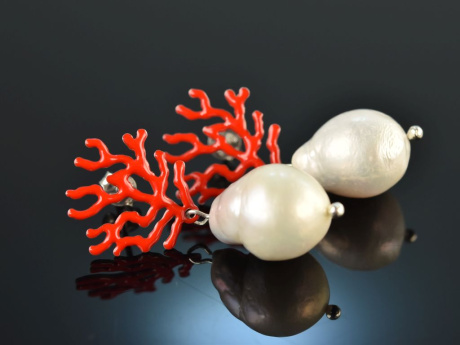 Korallen Riff! Schicke Ohrringe barocke Zuchtperlen Tropfen rotes Emaille Silber 925