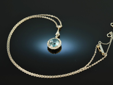 Um 1910! Seltenes Collier mit blauem Zirkon und Diamanten Gold 585