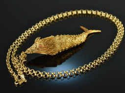 Around 1965! Large link fish pendant with chain silver...