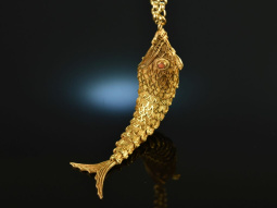 Around 1965! Large link fish pendant with chain silver...