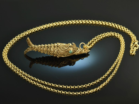 Around 1965! Fancy link fish pendant with chain silver 925 gold plated