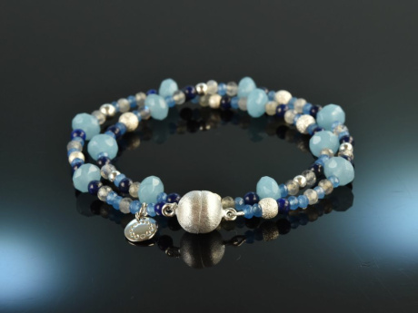 Cool Blue! Fancy Armband 2-reihig Labradorit Aquamarin Achat Lapislazuli Silber 925