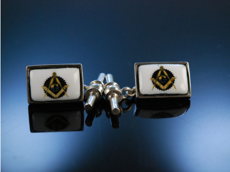 Art Deco Manschettenknöpfe Silber Email Freimaurer-Emblem Boston enamel cufflinks