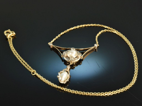 &Ouml;sterreich um 1900! Historisches Collier mit Naturperlen und Diamanten Gold 585
