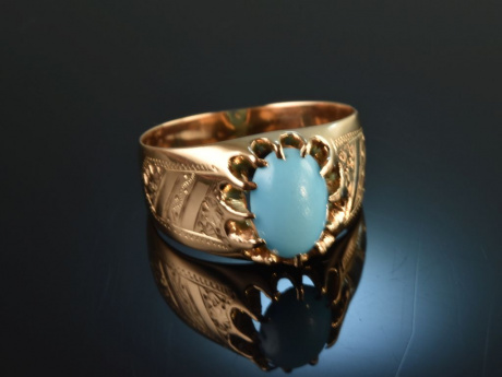 Wien um 1890! Historischer Ring mit t&uuml;rkisblauem Glasfluss Rot Gold 585
