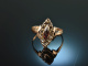 Um 1890! Zarter Schiffchen Ring roter Turmalin Saatperlen Rot Gold 333