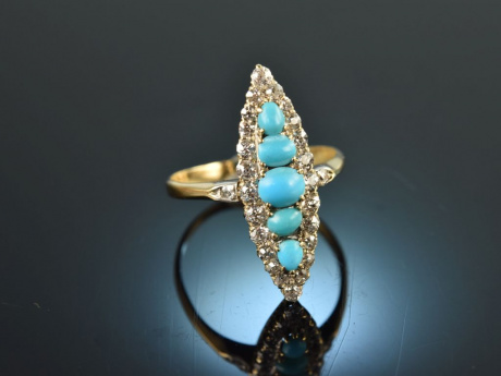 Um 1880! Schöner Marquise Schiffchen Ring Türkise Diamanten Gold 750
