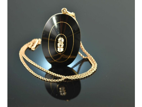 Um 1879! Medaillon Anh&auml;nger mit Kette im Etui Diamanten Email Gold 585