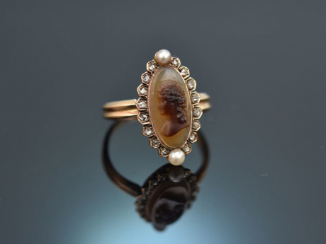 Um 1880! Historischer Ring mit Achat Kamee Diamantrosen und Saatperlen Gold 750