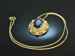 Um 1900! Sch&ouml;nes Collier mit Amethyst und Saatperlen Gold 585