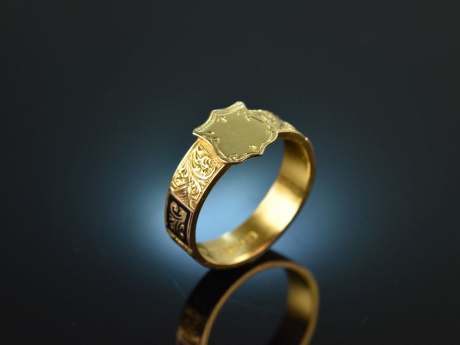 England um 1875! Historischer Wappen Ring mit schwarzem Zieremail Gold 625