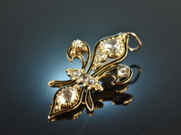 Frankreich um 1890! Fleur des Lis Anh&auml;nger mit Diamant Rosen und Zieremail Gold 750