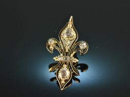 Frankreich um 1890! Fleur des Lis Anh&auml;nger mit Diamant Rosen und Zieremail Gold 750