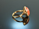 Um 1970! Schlichter Sardegna Korallen Ring Gold 750