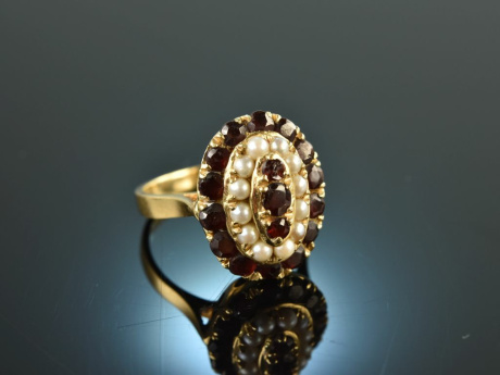 Um 1950! Sch&ouml;ner Granat Ring mit Saatperlen Gold 585