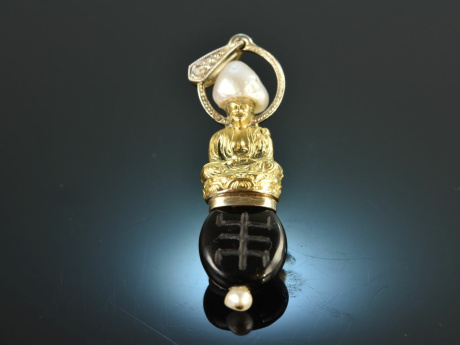 Frankreich um 1910! Buddha Anh&auml;nger mit Diamantrose Naturperle Onyx Gold 750