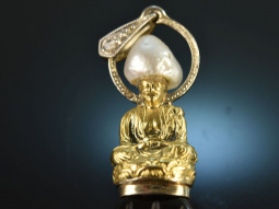 Frankreich um 1910! Buddha Anh&auml;nger mit Diamantrose Naturperle Onyx Gold 750