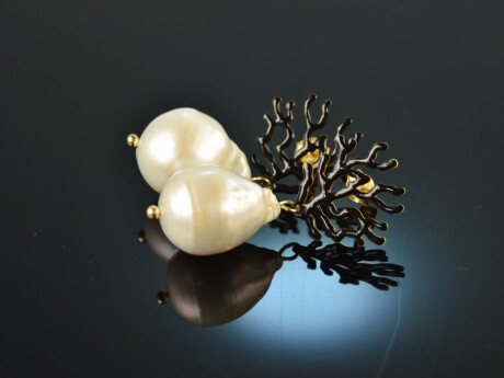 Coral Reef! Chic earrings baroque cultured pearls drops black enamel silver 925 gold plated