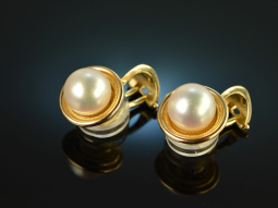 Around 1990! Classic ear clips with cultured pearls gold 585