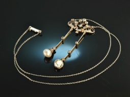 Um 1910! Belle Epoque Collier mit Diamant Solit&auml;r ca. 2 ct und Naturperle Platin