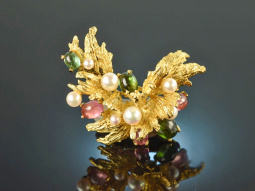 Gross&eacute; Pforzheim 1969! Design brooch with tourmalines and pearls gold 750