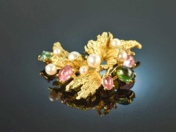 Gross&eacute; Pforzheim 1969! Design brooch with tourmalines and pearls gold 750