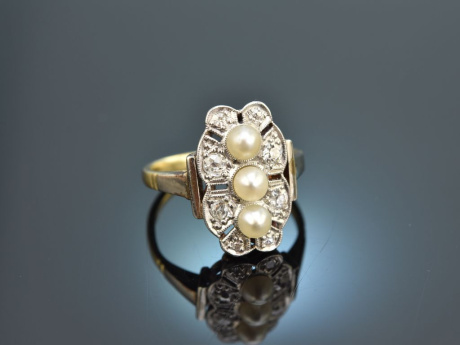 M&uuml;nchen um 1910! Historischer Diamant Ring mit Orientperlen aus Gold 585