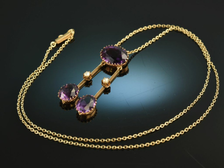 Um 1900! Sch&ouml;nes Neglig&eacute; Collier mit Amethyst und Saatperlen Gold 585