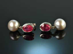 Around 1995! Elegant earrings rubies silver gray cultured...