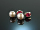 Around 1995! Elegant earrings rubies silver gray cultured pearls white gold 585