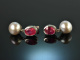 Around 1995! Elegant earrings rubies silver gray cultured pearls white gold 585