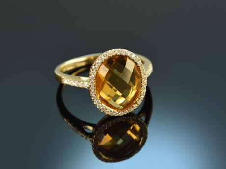 Sunny yellow! Sch&ouml;ner Ring mit Citrin und Brillanten Gold 750