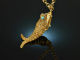 Around 1965! Filigree fish pendant with turquoise and long chain silver gold plated