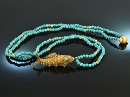 Around 1970! Filigree fish pendant with turquoise chain...