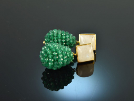 Cool Green! Tropfen Ohrringe Moondstein und grüner Onyx Silber 925 vergoldet