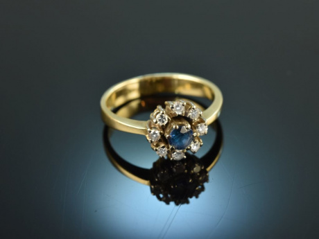 Um 1975! Klassischer Verlobungs Ring mit Saphir und Brillanten Gold 585