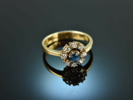 Um 1975! Klassischer Verlobungs Ring mit Saphir und Brillanten Gold 585