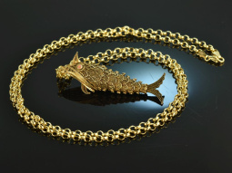 Around 1970! Filigree fish pendant with long chain silver...