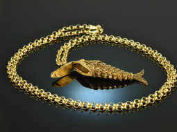 Around 1970! Filigree fish pendant with long chain silver...